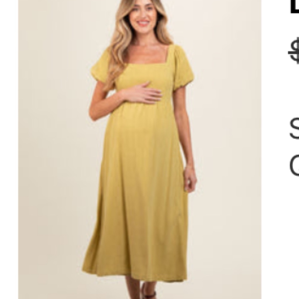 Lime Puff Sleeve Linen Maternity Midi Dress